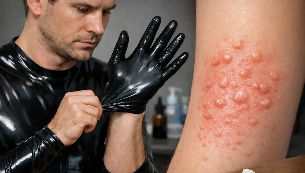 Человек надевает латексные медицинские перчатки возможный источник аллергической реакции