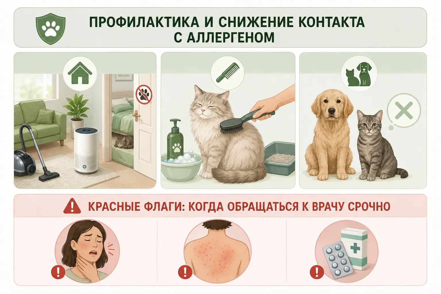 Инфографика по аллергии на животных: профилактика контакта с аллергеном дома уборка, уход за питомцем