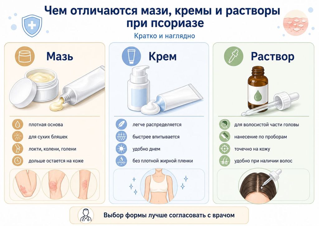 Схема отличия крема мази и раствора от псориаза