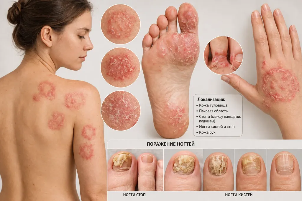 Зоны поражения дерматомикоза на теле