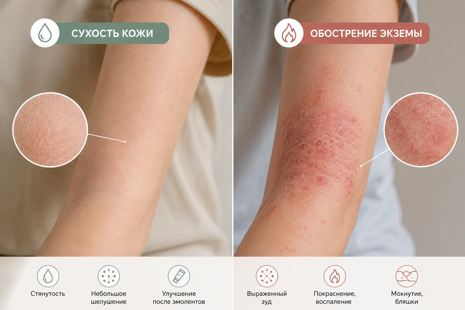 Сравнение сухости кожи и обострения экземы на локтевом сгибе