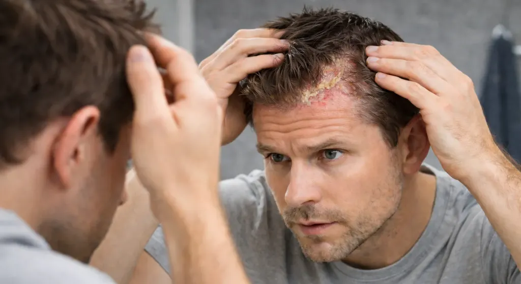 Человек осматривает кожу головы перед зеркалом при себорейной экземе и перхоти